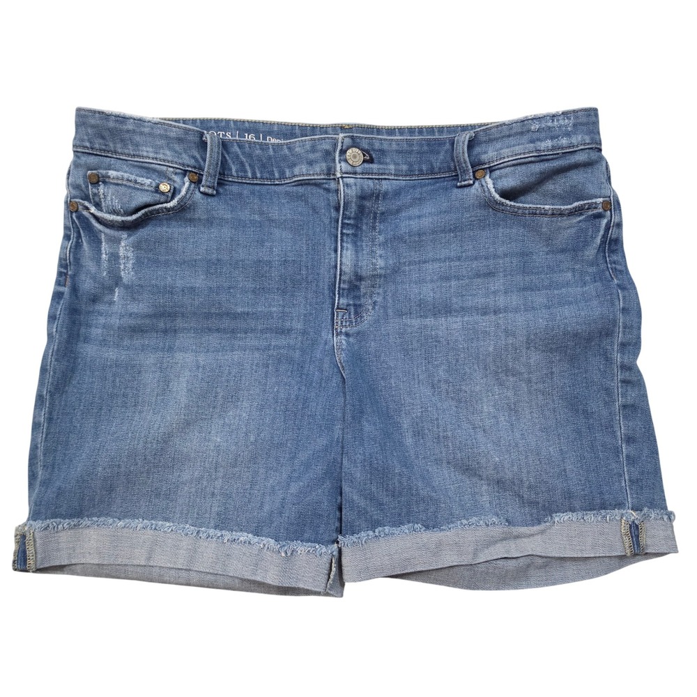Talbots Womens Size 16 Blue Denim Shorts Cuffed Raw Hem Distressed Medium Wash